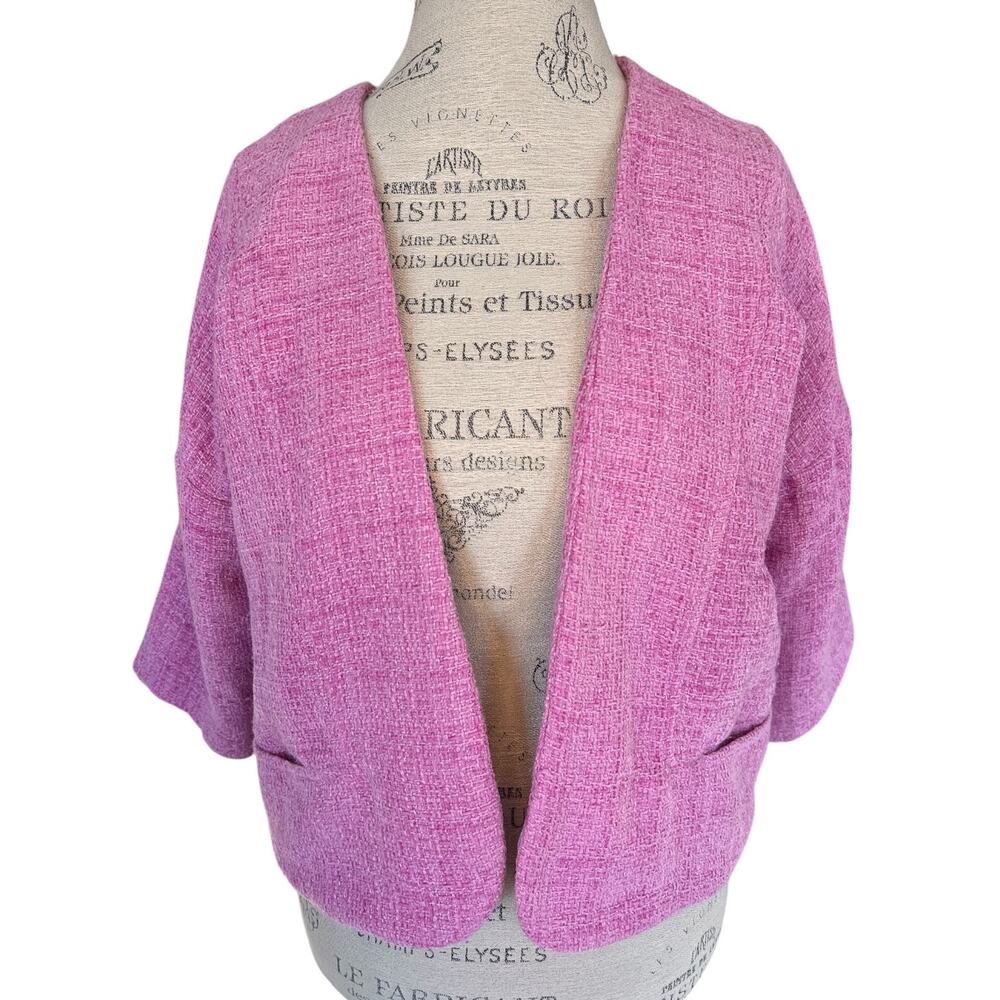 Democracy Pink Tweed Open Front Jacket, Women’s Medium, Cropped Cardigan Blazer